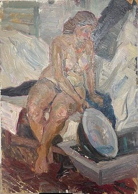 "Прачка". Неизвестный художник. Картон, масло. 
Размеры: 42 х 30 см. 
Состояние: следы времени 