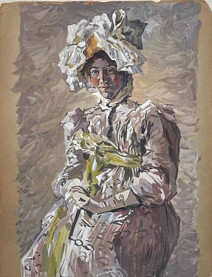 "В белом". Неизвестный художник. Картон, гуашь. 
Размеры: 37 х 28.5 см. 
Состояние: следы 