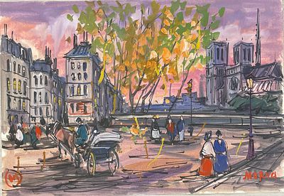 "Площадь Нотр-Дам". Неизвестный художник. Бумага, акварель. 
Размеры: 60.5 х 42 см. 
Состояние: 