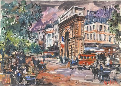 "Проспект". Неизвестный художник. Бумага, акварель. 
Размеры: 61 Х 43 см. 
Состояние: следы 