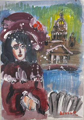 "Невский проспект". Неизвестный художник. Бумага, акварель. 
Размеры: 30 х 21 см. 
Состояние: 