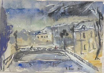 "Зимний канал". Неизвестный художник. Бумага, акварель. 
Размеры: 29 х 21 см. 
Состояние: следы 