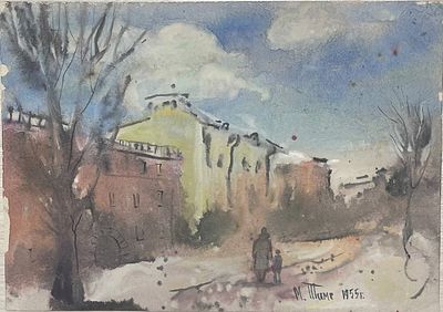 "Ноябрь". Неизвестный художник. Бумага, акварель. 
Размеры: 29.5 х 21 см. 
Состояние: следы 