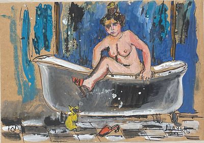 "Идиллия в ванне". Неизвестный художник. Бумага, акварель, белила. 
Размеры: 37.5 х 26 см. 