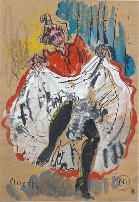 "Под юбкой". Неизвестный художник. Бумага, акварель, белила. 
Размеры: 38 х 26 см. 
Состояние: 