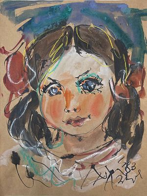 "Девчуля". Неизвестный художник. Бумага, акварель. 
Размеры: 35 х 26.5 см. 
Состояние: следы 