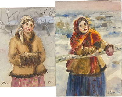 "Русские красавицы". Неизвестный художник. Бумага, акварель. 
Размеры: 27 х 19 см., 32.5 х 22.5 