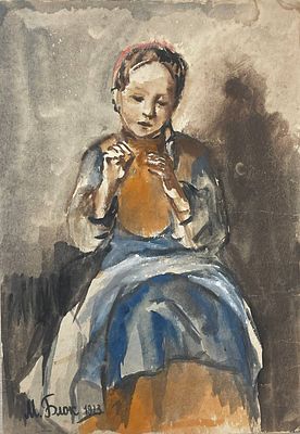 "Юная вышивальщица". Неизвестный художник. Бумага, акварель. 
Размеры: 31.5 х 22 см. 