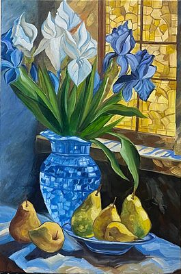 "Ирисы". Неизвестный художник. Холст на подрамнике, масло. 
Размеры: 60 х 40 см. 
Состояние: 