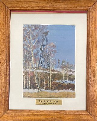 [Нефтяная вышка] "Апрель.Этюд". Алексей Фёдорович Косолапов. . Картон, масло. 
Размеры: 46 х 