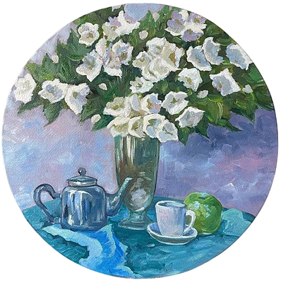 "Натюрморт с жасмином". Неизвестный художник. Холст на подрамнике, масло.
Диаметр - 46 см. 