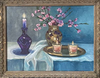 "Свет свечей". Неизвестный художник. Картон, масло. 
Размеры: 55 х 43 см. 
Состояние, следы 