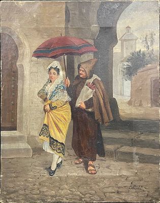 "Прогулка". Соболевъ. Конец XIX - начало XX века. Холст на подрамнике, масло. 
Размеры: 37 х 29 