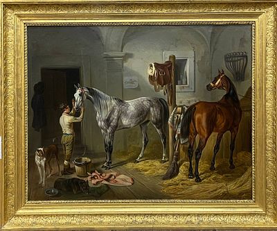 "Сцена в конюшне". Орас Верне. XVIII-XIX век. Холст на подрамнике, масло. 
Размеры: 90 х 74 см. 