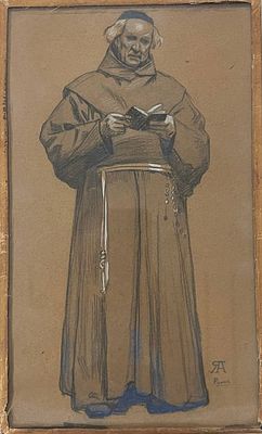 "Капуцин". А.Якимченко. 1914 год. Картон, графит, смешанная техника. 
Размеры: 33 х 20.5 см. 