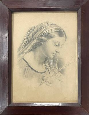 "Дева". Неизвестный художник. Бумага, графит, белила. 
Размеры: 42.5 х 33 см. 
Состояние: следы 