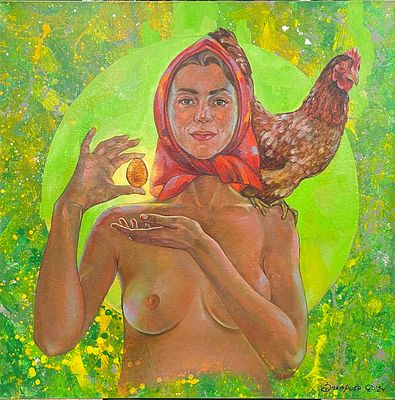 "Курочка-Ряба". Захарова Дария. . Холст на подрамнике, масло, акрил. 
Размеры: 80х80 см. 