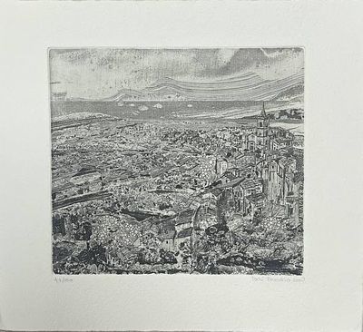 Офорт "Вид на город". Toni Pecoraro. 2000 год. Офорт, акватинта, мягкий лак. 
Размеры: 20 х 