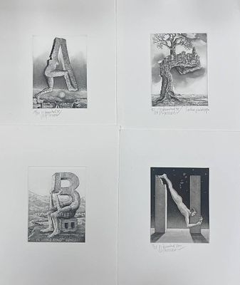 [Комплект] Офорт "Буквы". 4 штуки. Жан-Пьер Хумберт. 1995-2001 годы. Размеры: 28 х 22 см. 