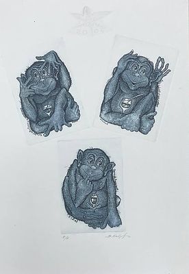 Офорт "Ничего не вижу, ничего не слышу, ничего никому не скажу". В.Кобзев. 2003 год. Офорт 