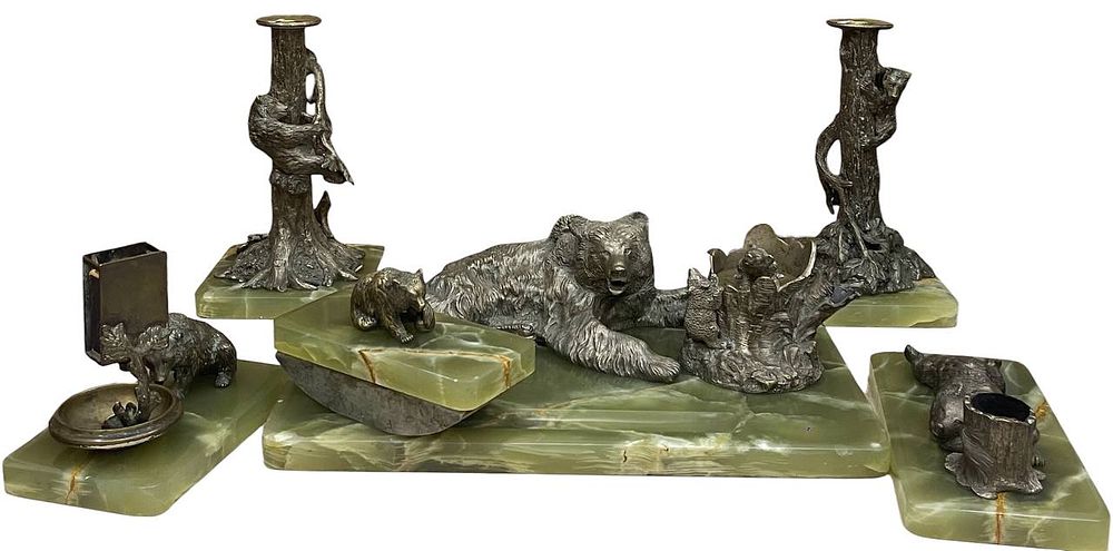 [Комплект] Письменный набор с пресс-папье "Медведица с медвежатами". Россия. Конец XIX - Начало 