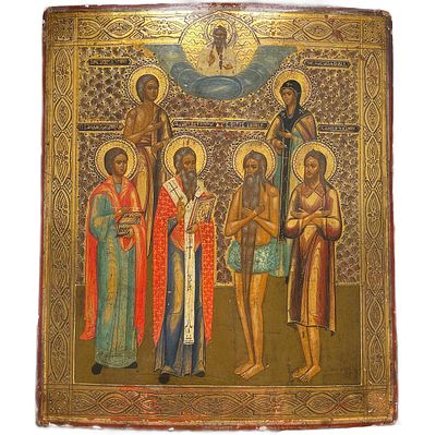 Икона "Господь Вседержитель с избранными святыми". Конец XIX века. Дерево, левкас, темпера 