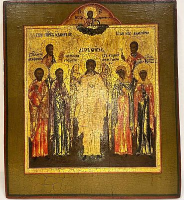 Икона Ангел Хранитель и избранные Святые. XIX век. Дерево, левкас, темпера, Размер: 43 х 37 5 см. 