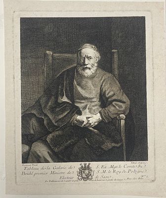 Гравюра резцом "Портрет старца в кресле со сложенными руками. Рембрандт". 
XVIII век. Бумага 