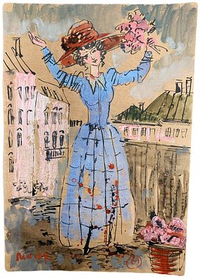 "Цветочница". Неизвестный художник. Бумага, смешанная техника. 
Размер: 38 х 26 см. 
Состояние: 