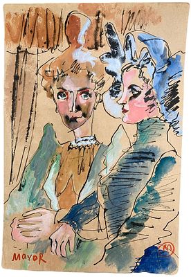 "Сплетницы". Неизвестный художник. . Бумага, смешанная техника. 
Размер: 38 х 25,5 см. 