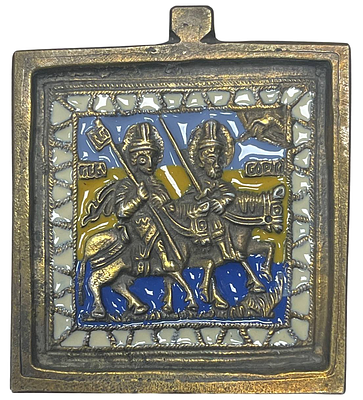 Икона "Святые Борис и Глеб". . Медное литье, эмаль, чеканка. 
Размер: 5,5 х 5,5 см. 
Состояние: 