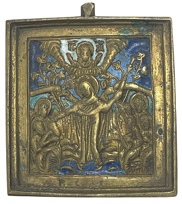Икона "Богоматерь Всех Скорбящих Радость". Медное литье, эмаль, чеканка. 
Размер: 5.5 х 5,5 см. 