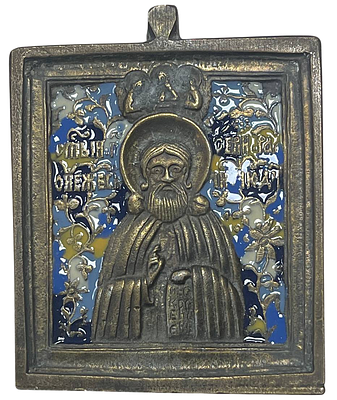Икона "Сергий Радонежский". Медное литье, эмаль, чеканка. 
Размер: 5 х 6 см. 
Состояние: следы 