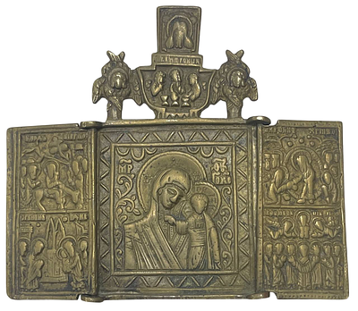 Складень "Казанская Богоматерь". Медное литье, чеканка. 
Размеры в развернутом виде: 10.5 х 9 