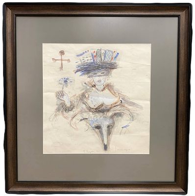 "Дама треф". Немухин Владимир Николаевич (?). 1974 год. . Бумага, смешанная техника. По нижнему 