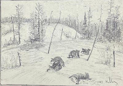 "Охота". Ирина Затуловская. 1989 год. Бумага, ручка. 
Размеры: 15 х 11 см. 
Ирина Владимировна 