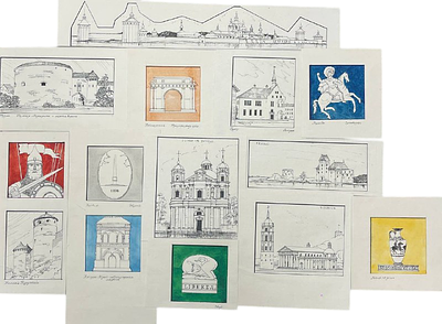 Эскизы "Исторические места". 16 штук. Тушь, перо, акварель. 
Состояние: следы времени. 
ИН-98.