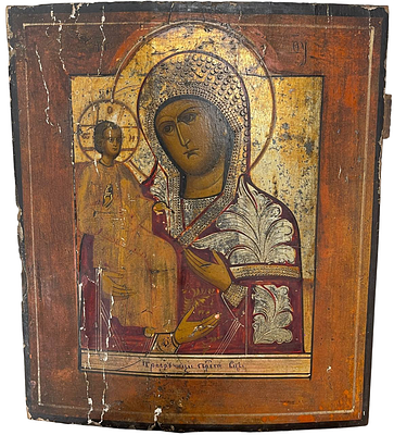 Икона "Троеручица". XIX век. Дерево, левкас, темпера, резьба по левкасу. 
Размеры: 34.5 х 30 