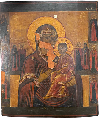 Икона "Тихвинская Божья Матерь с избранными святыми". XIX век. Дерево, левкас, темпера. 