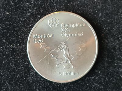 Монета Канада - 5 долларов 1975 года "Олимпийские Игры, Метание копья". Серебро 925 пр. Вес 24.3 гр.