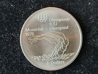 Монета Канада - 5 долларов 1975 года "Олимпийские Игры, Прыжки в воду". Серебро 925 пр. Вес 24.3 гр.