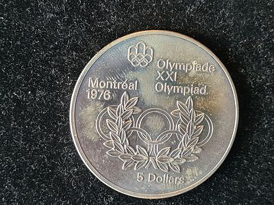 Монета Канада - 5 долларов 1974 года "Олимпийские Игры, Кольца, венок". Серебро 925 пр. Вес 24.3 гр.