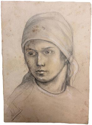 "Портрет рабочей". По подписи Абрамов. 1921 год. . Бумага, карандаш. 
Размер: 22 х 15,5 см. 
В 