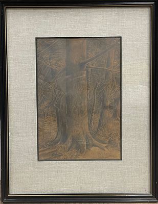 "Ель". Неизвестный художник. 1867 год. Бумага, уголь. 
Размеры: 45 х 35 см. 
Состояние: следы 