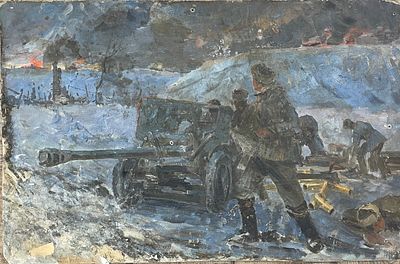 "Батарея Дроздова". Эскиз к фильму "Горячий снег". В.В.Голиков. . Картон, масло. 
Размеры: 75 х 