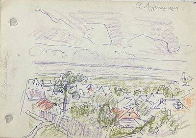 Эскиз. Лучишкин Сергей Алексеевич. Бумага, ручка, цветные карандаши. 
Размеры: 20 х 14.5 см. 