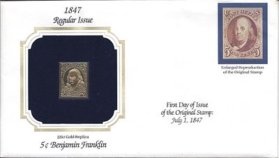 Конверт. 1847. USA. Franklin 5c 
Конверт с золотой репликой марки 1847 года (Benjamin Franklin 