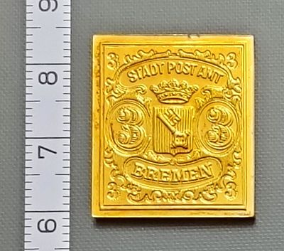 1855. Bremen. Germany = 3 Grote. Coat of Arms 
ПЕРВАЯ ПОЧТОВАЯ МАРКА БРЕМЕНА (Германия) 
