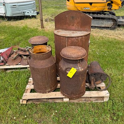 3 x milk churns, oil tank with brass tap (vintage), small oil tank with hand pump