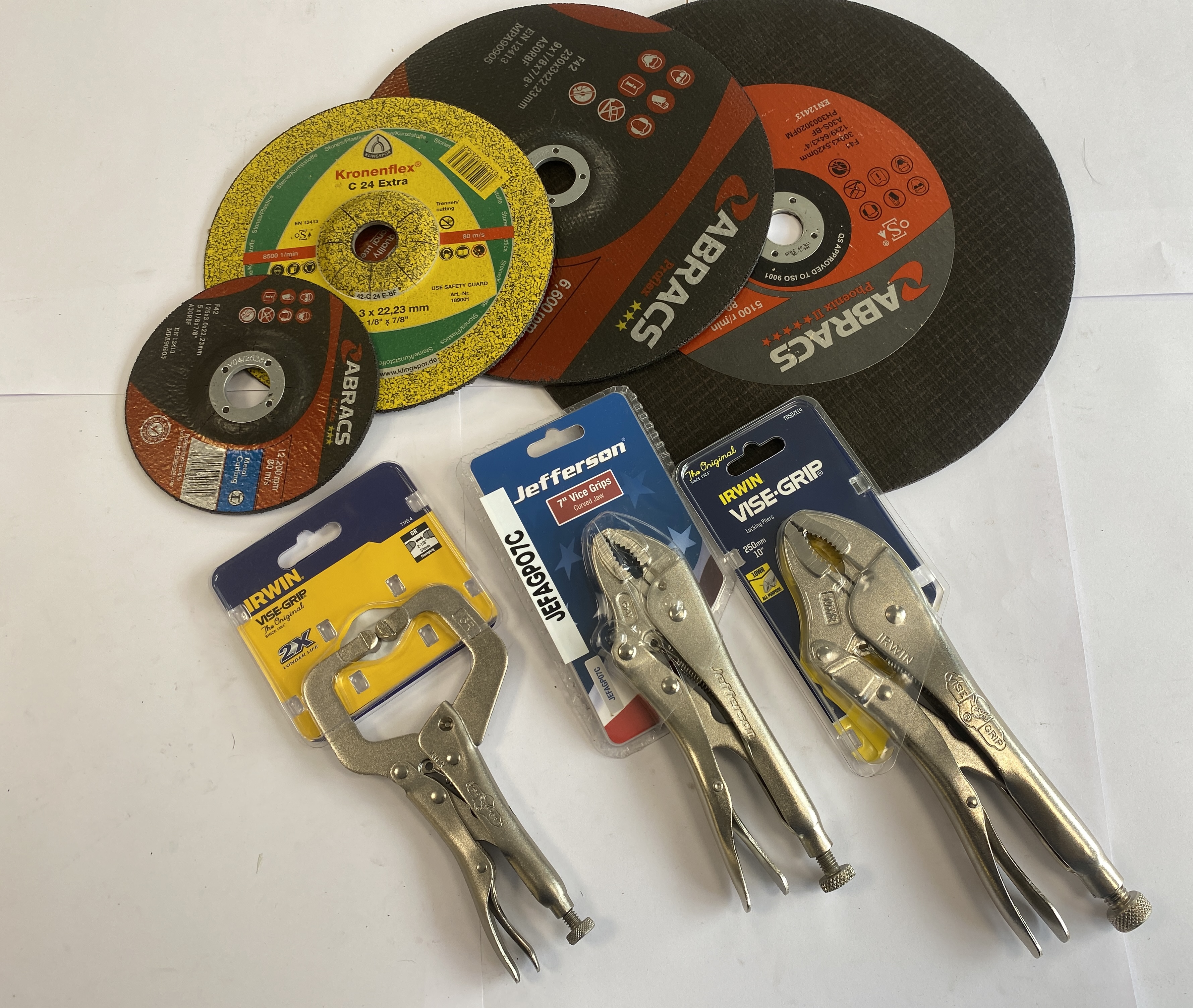 * An Assortment of Irwin Vise-Grip and Jefferson Locking Pliers with Klingspor and Abracs Abrasive Discs